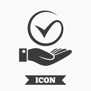 Kene ve el işareti. Onay işareti simgesi Palm tutar.