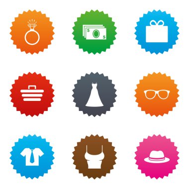 Aksesuarları, giyim simgeler. Alışveriş işaretleri.