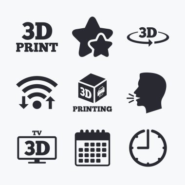 3D teknoloji simgeleri. Yazıcı, rotasyon ok.