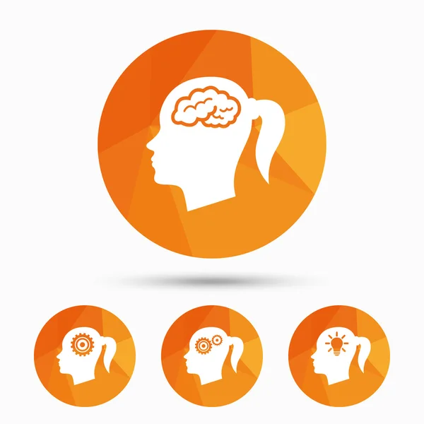 Kvinnligt huvud med hjärn ikoner — Stock vektor