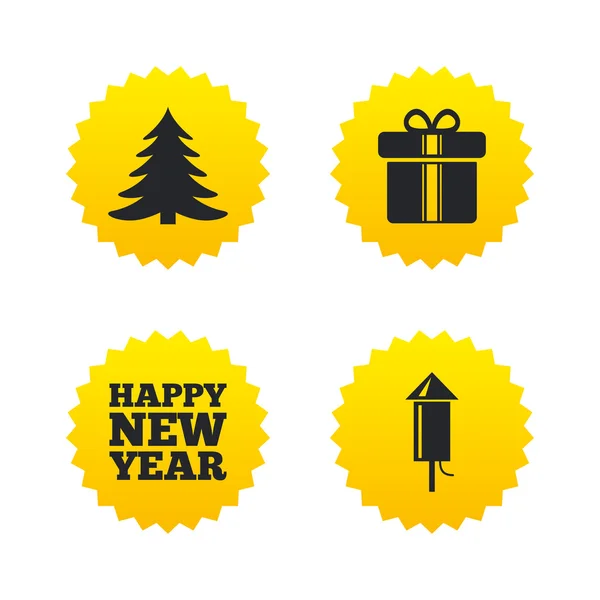 Happy new year sign. Christmas tree and gift box — Stock Vector