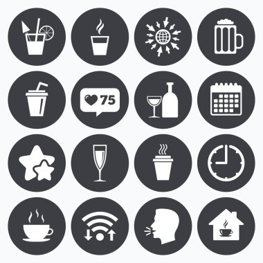 Çay, kahve ve bira simgeler. Alkollü içecekler.