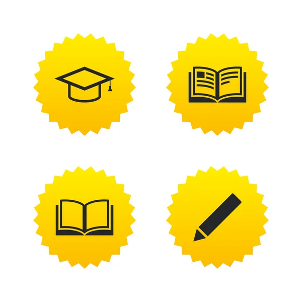 Crayon et écriteaux ouverts. icône de chapeau de graduation . — Image vectorielle