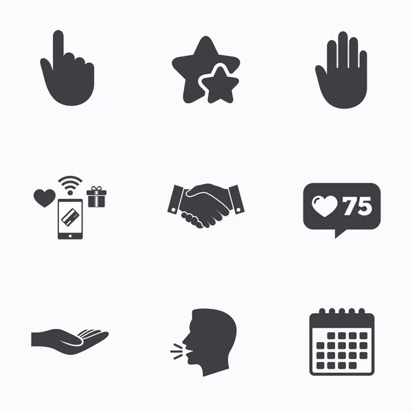 Mão. Handshake e clique aqui ícones . — Vetor de Stock