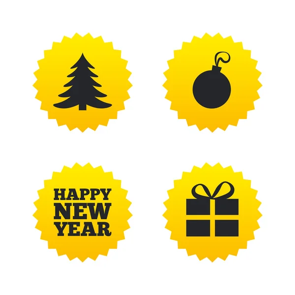 Happy new year sign. Christmas tree and gift box — Stock Vector