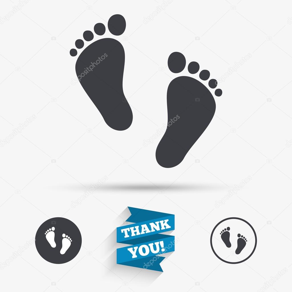 Child pair of footprint sign icon. Toddler barefoot symbol. Baby's first steps. Circle flat button with shadow. Vector