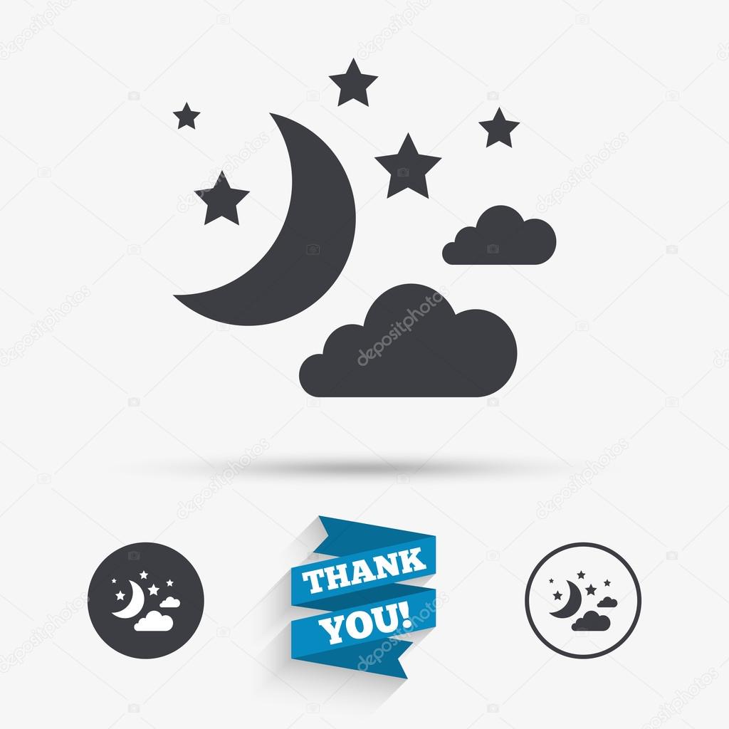 Moon, clouds and stars icon. Sleep dreams symbol. Night or bed time sign. Flat icons. Buttons with icons. Thank you ribbon. Vector