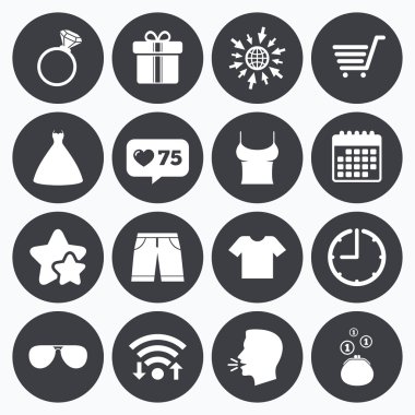 Kıyafetler, aksesuarlar simgeler. Alışveriş işaretleri.