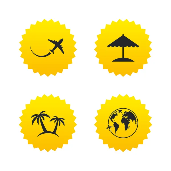 Reizen reis pictogram. Vliegtuig, wereld globe symbolen. — Stockvector