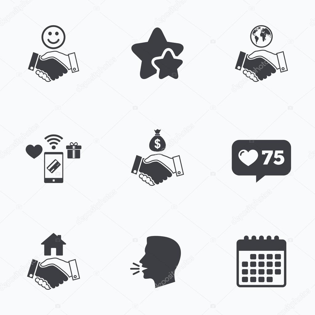 Handshake icons. World, Smile happy face and house building symbols. Dollar cash money bag. Amicable agreement. Flat talking head, calendar icons. Stars, like counter icons. Vector