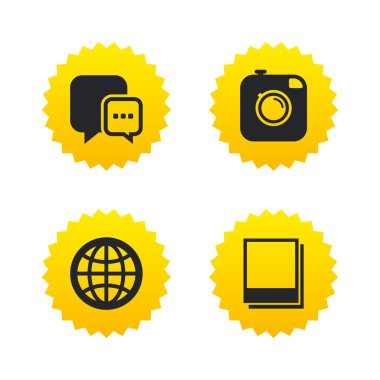 Sosyal Medya simgeler. Sohbet konuşma balonu ve Küre