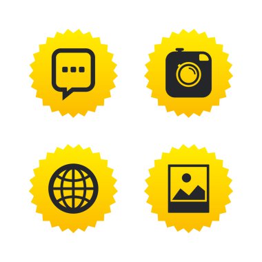 Sosyal Medya simgeler. Sohbet konuşma balonu ve Küre