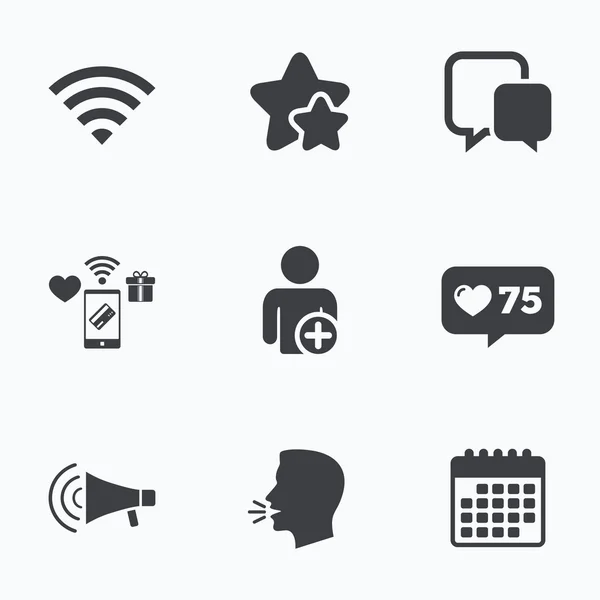 Wifi y burbujas de chat. Añadir usuario, megáfono . — Archivo Imágenes Vectoriales