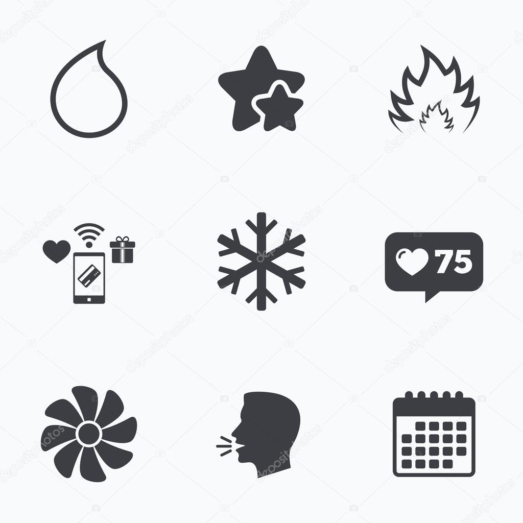 HVAC icons. Heating, ventilating and air conditioning symbols. Water supply. Climate control technology signs. Flat talking head, calendar icons. Stars, like counter icons. Vector