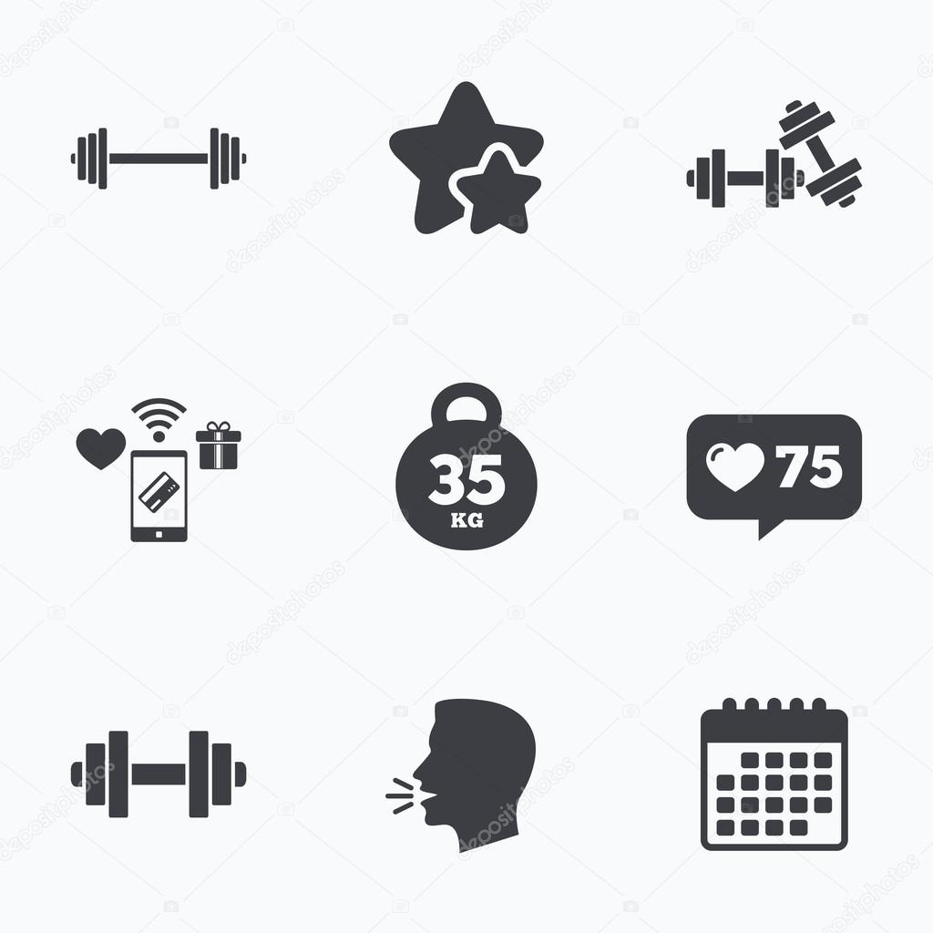 Dumbbells sign icons. Fitness sport symbols. Gym workout equipment. Flat talking head, calendar icons. Stars, like counter icons. Vector