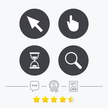 Fare imleci simgesi. Kum saati, büyüteç cam.