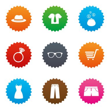 Kıyafetler, aksesuarlar simgeler. Alışveriş işaretleri.