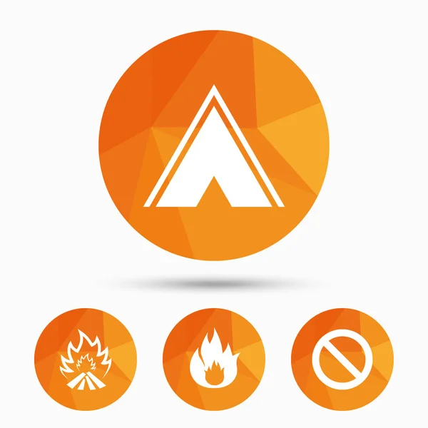 Tente de camping touristique signe. Icônes de flamme de feu . — Image vectorielle