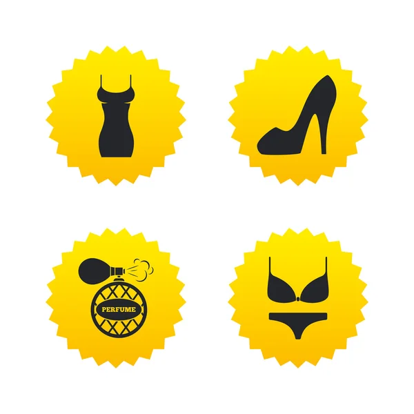 Icono de vestido de mujer. Señal de zapato sexy. Perfume . — Vector de stock