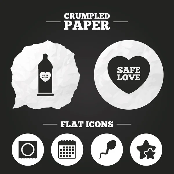 Bezpečný sex Láska ikony. Kondom v balíčku symboly. — Stockový vektor