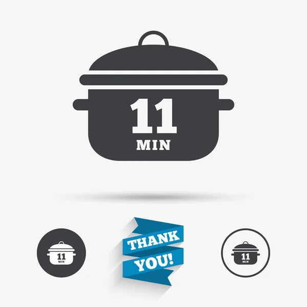 Kook 11 minuten. Koken pan teken. Stoofpot voedsel — Stockvector