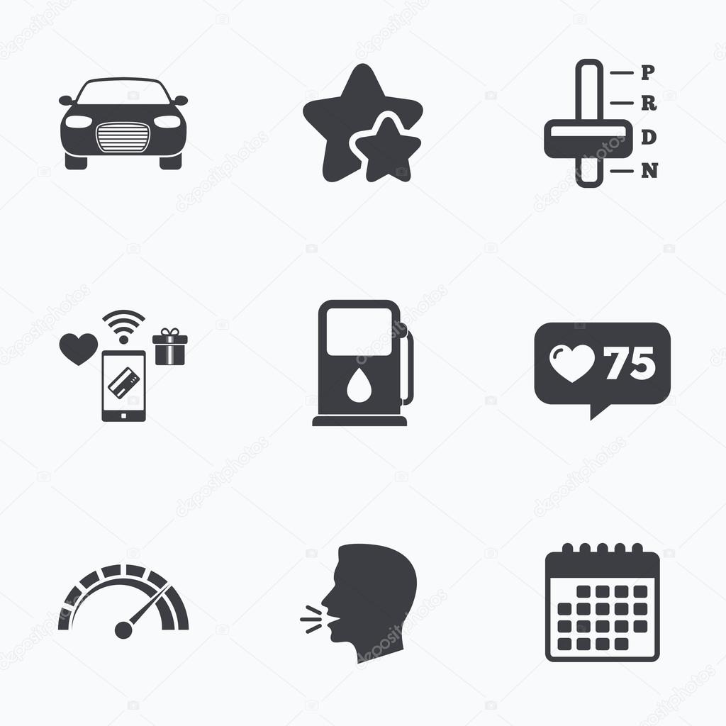 Transport icons. Car tachometer and automatic transmission symbols. Petrol or Gas station sign. Flat talking head, calendar icons. Stars, like counter icons. Vector