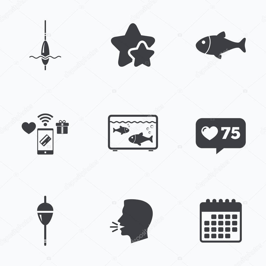 Fishing icons. Fish with fishermen hook sign. Float bobber symbol. Aquarium icon. Flat talking head, calendar icons. Stars, like counter icons. Vector