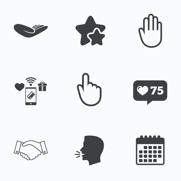 Iconos de mano. apretón de manos y haga clic aquí símbolos . — Vector de stock