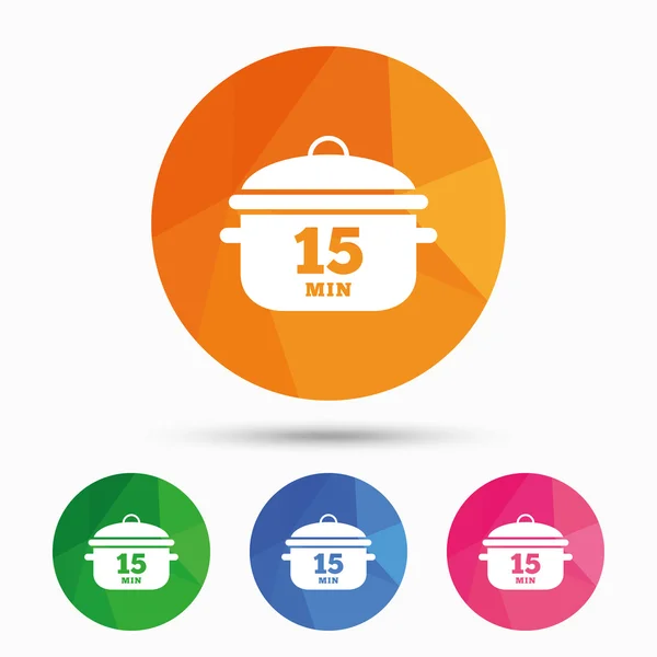 Kook 15 minuten. Koken pan teken. Stoofpot voedsel — Stockvector