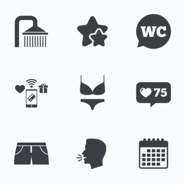 Yüzme Havuzu simgeler. Duş ve mayo işaretleri.