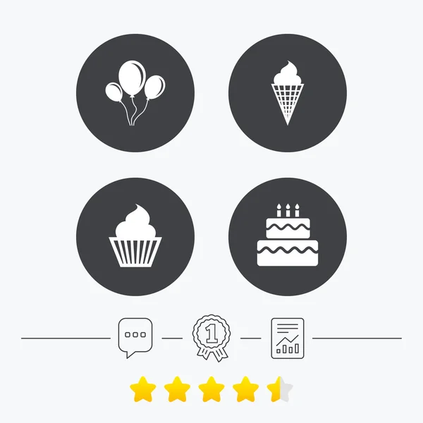 Icone della festa di compleanno. Torta con simbolo di gelato — Vettoriale Stock