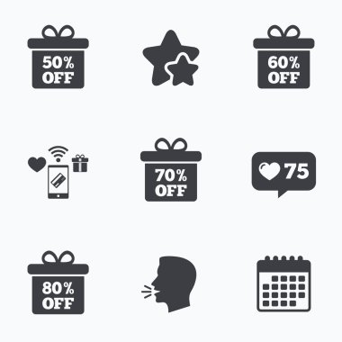 Satılık hediye kutusu etiketi simgeler. Sembolleri indirim.