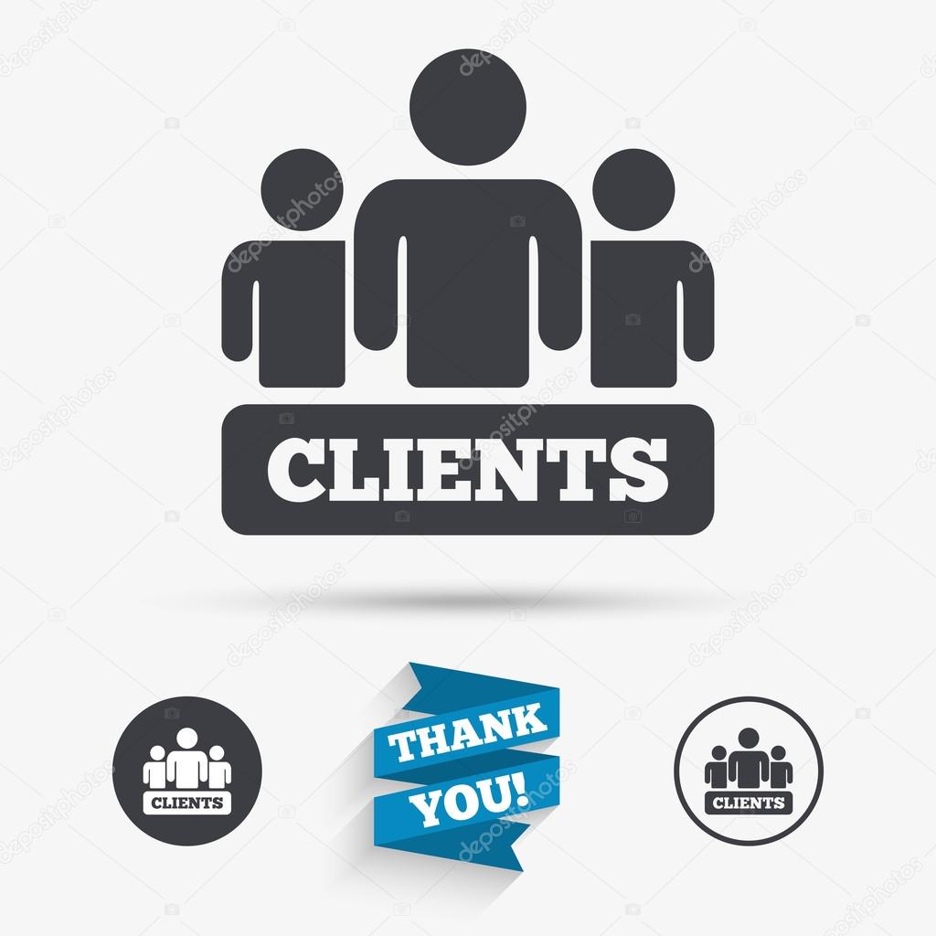 Clients sign icon. Group of people symbol. Flat icons. Buttons with icons. Thank you ribbon. Vector