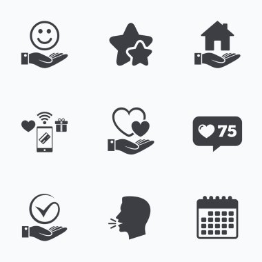 Gülümseme ve el simgesi. Kalp, kene sembolü.