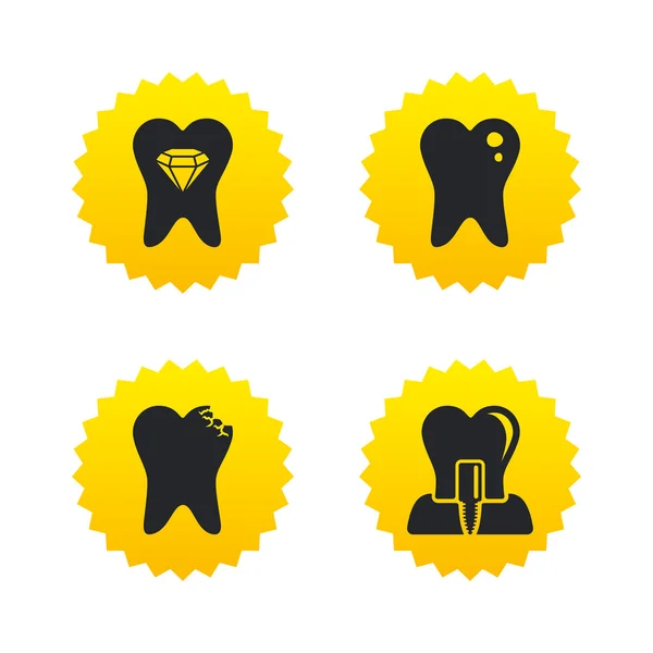 Iconos de cuidado dental. Caries dental e implante . — Vector de stock