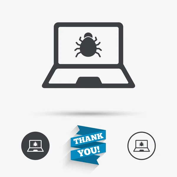 Icona del segno del virus del computer portatile. Bug del software del notebook . — Vettoriale Stock