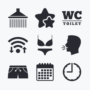 Yüzme Havuzu simgeler. Duş ve mayo işaretleri.