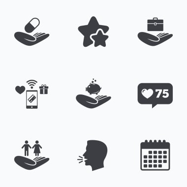 Yardım simgeleri eller. Koruma ve sigorta.