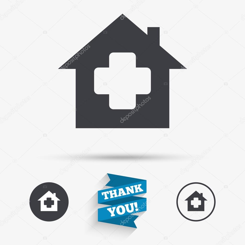 Medical hospital sign icon. Home medicine symbol. Flat icons. Buttons with icons. Thank you ribbon. Vector