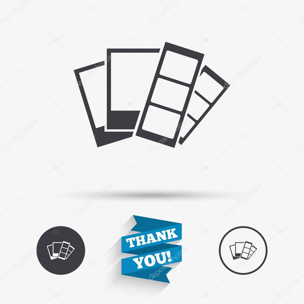 Photo frame template sign icon. Photo booth strips symbol. Flat icons. Buttons with icons. Thank you ribbon. Vector