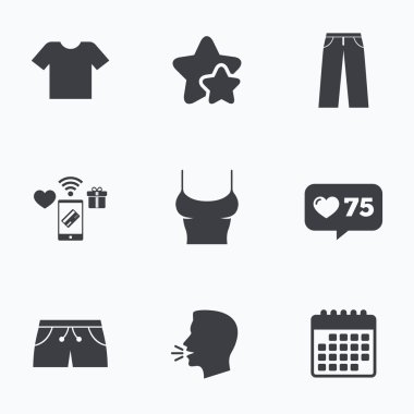 Giysi işaretler. T-shirt ve şort ile pantolon.