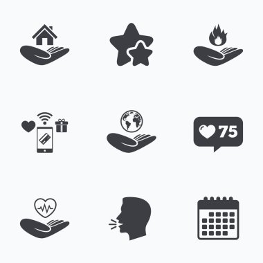 Yardım simgeleri eller. Koruma ve sigorta.