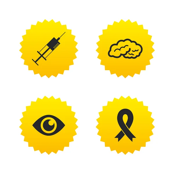 Medicine icons. Syringe, eye, brain and ribbon. — Stock Vector