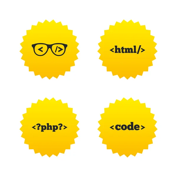 Programador de gafas codificadoras. Lenguaje de marcado HTML . — Vector de stock