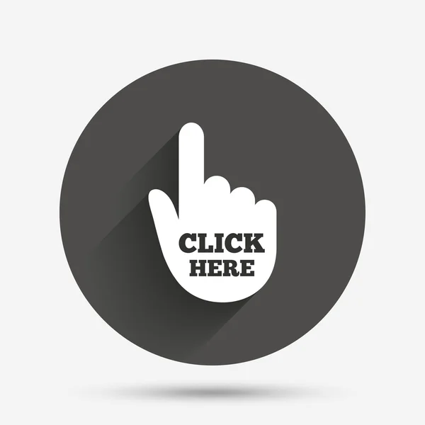 Clique aqui ícone de sinal de mão. Botão de imprensa . — Vetor de Stock
