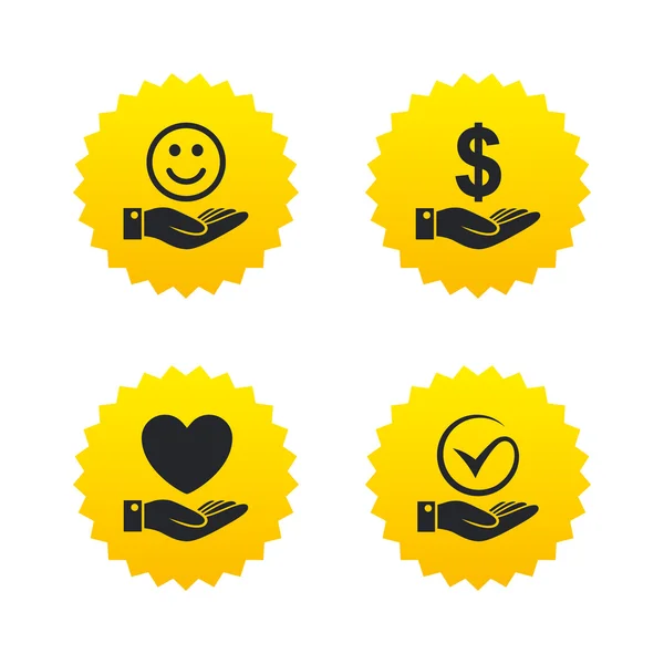 Smile and hand icon. Heart, Tick symbol. — Stock Vector