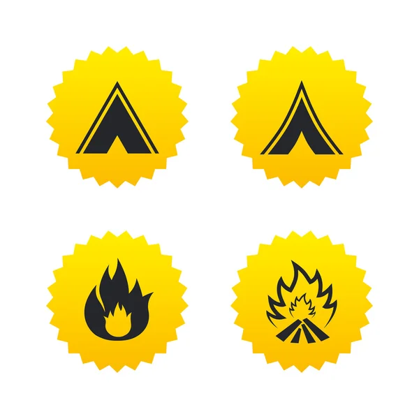 Tourist camping tent signs. Fire flame icons. — Stock Vector