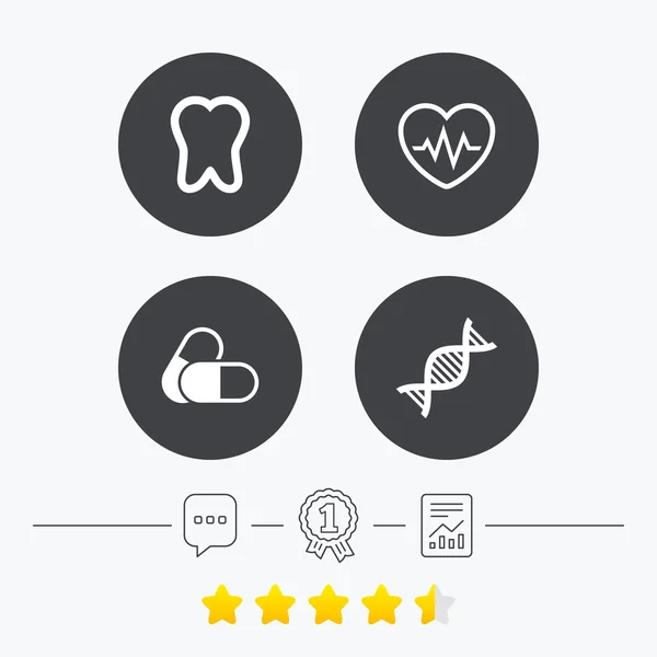 Medische pictogrammen. Pillen, tand, Dna en Cardiogram. — Stockvector