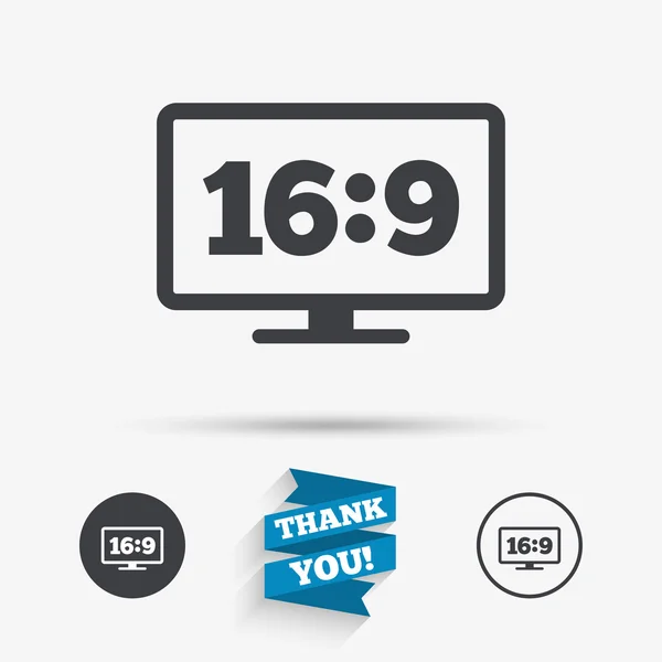 Hoogte-breedteverhouding van 16:9 breedbeeld tv. monitor symbool. — Stockvector