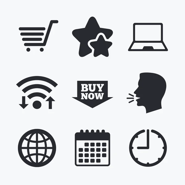 Иконки покупок онлайн. Ноутбук ПК, корзина, купить . — стоковый вектор